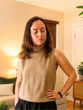 Zara Ribbed Sleeveless Turtleneck in Camel Beige